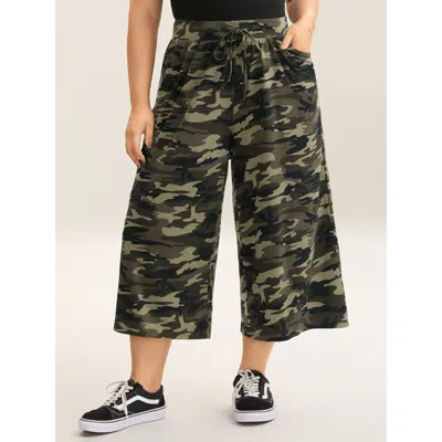 Bloomchic Women's Plus Size Camouflage Tie-waist Wide-leg Capri Pants Armygreen Camouflage Wide Leg Mid Rise C