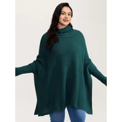 Bloomchic Women's Plus Size Cape-style Turtleneck Textured Pullover Cyan Long Sleeve 10/m In Blue