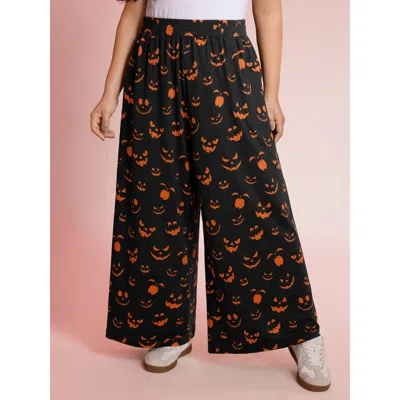Bloomchic Women's Plus Size Carved Pumpkin Halloween Wide-leg Pants Blackflower Non Wide Leg Mid Rise Casual 1