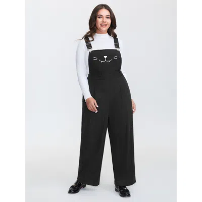 Bloomchic Women's Plus Size Cat Embroidered Adjustable Overall Jumpsuit Black Casual 10/m