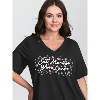 Bloomchic Women's Plus Size Cat Mother Motif Embroidery T-shirt Black Graphic Casual Short Sleeve V-neck 10/m