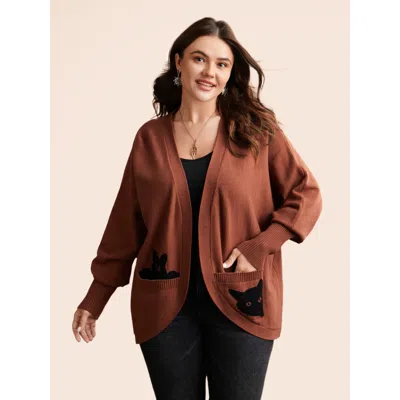 Bloomchic Women's Plus Size Cat Printed Pockets Arc Hem Cardigan Browncoffeecolor Long Sleeve 28/5x
