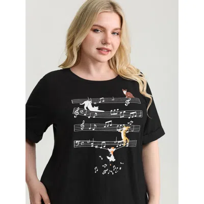 Women's Plus Size Cat Tunes Print Stretchy T-shirt Black Non Casual Short Sleeve 12/l from BLOOMCHIC