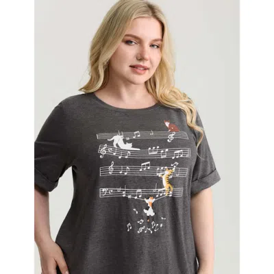 Bloomchic Women's Plus Size Cat Tunes Print Stretchy T-shirt Dimgray Non Casual Short Sleeve 10/m
