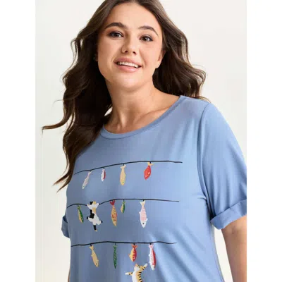 Bloomchic Women's Plus Size Cat Tunes Print Stretchy T-shirt Skyblue Non Casual Short Sleeve 22-24/3x In Blue