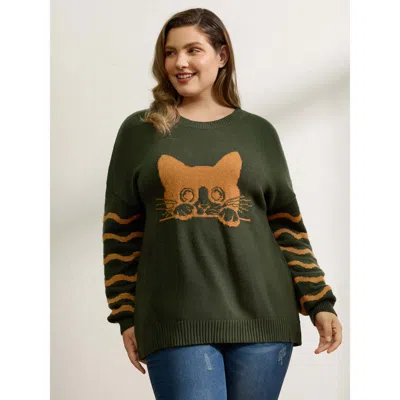 Bloomchic Women's Plus Size Cat Wavy Print Jacquard Contrast Pullover Armygreen Animals Long Sleeve 10/m