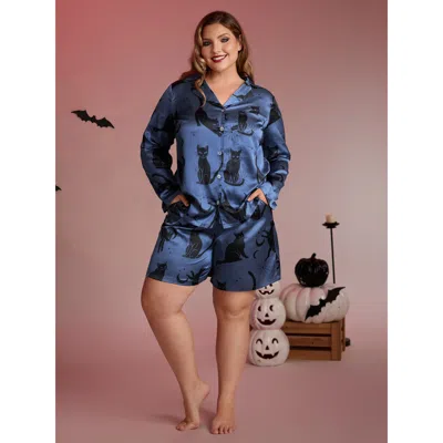 Bloomchic Women's Plus Size Cats Print Pockets Stretchy Co-ord Pajama Set Mediumblue Graphic-halloween 10/m