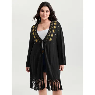 Bloomchic Women's Plus Size Celestial Embroidered Tassel Hem Kimono Black 18-20/2x