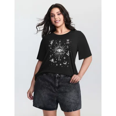 Bloomchic Women's Plus Size Celestial Print Round Neck T-shirt Black Non Casual Short Sleeve 10/m