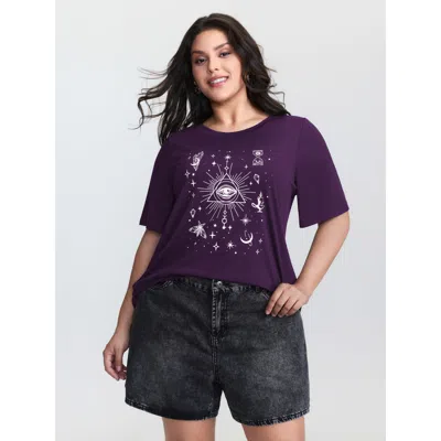 Bloomchic Women's Plus Size Celestial Print Round Neck T-shirt Eggplant Non Casual Short Sleeve 18-20/2x In Purple