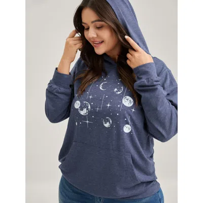 Bloomchic Women's Plus Size Celestial Print Solid Hoodie Indigo Sun & Moon Casual Hooded Neck 12/l In Purple