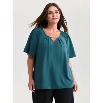 Bloomchic Women's Plus Size Chain Detail Shirred Shoulder Blouse Aegean Non Office Short Sleeve 12/l In Blue
