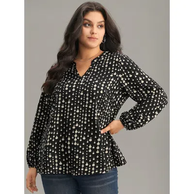 Bloomchic Women's Plus Size Chain Print Notched Lantern Sleeve Blouse Black Vacation Long Sleeve 12/l