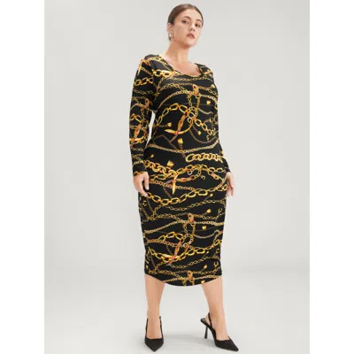Bloomchic Chain Print Round Neck Bodycon Midi Dress In Black