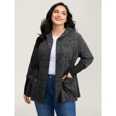 Bloomchic Women's Plus Size Channel Drawstring Contrast Hooded Kimono Black Colorblock H-line Patch Pocket 14-