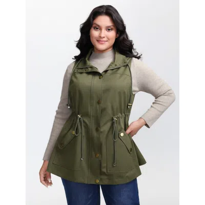 Bloomchic Women's Plus Size Channel-drawstring Pockets Hooded Vest Armygreen Drawstring 12/l