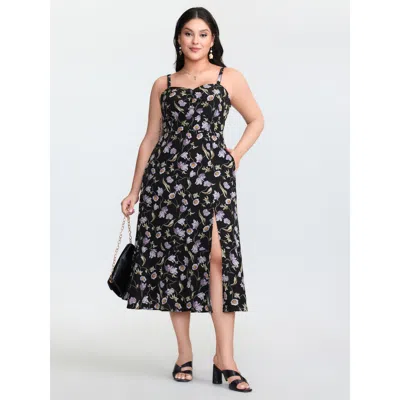 Bloomchic Women's Plus Size Charming Floral Print Cami Slit Midi Dress Black Ditsy Floral Midi Elegant Gathere