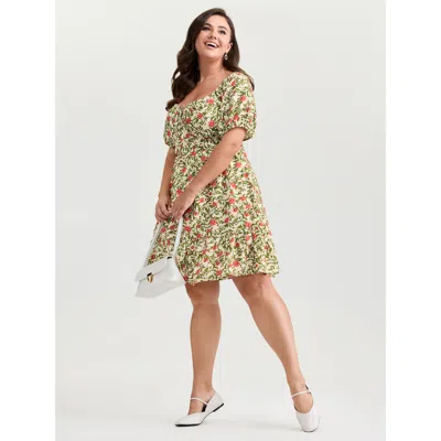 Bloomchic Women's Plus Size Charming Floral Print Drawstring Neckline Mini Dress Emerald Ditsy Floral Short El In Green