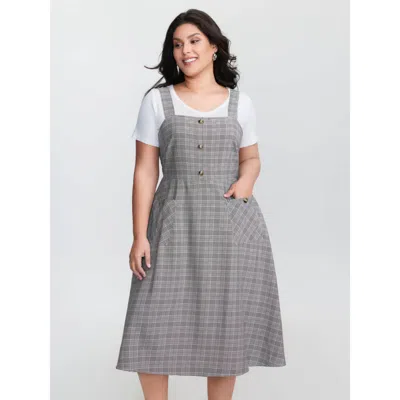 Bloomchic Women's Plus Size Check Pattern Half-open Front Midi Dress Dimgray Plaid Midi Casual Button 30/6x
