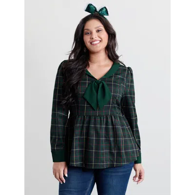 Bloomchic Women's Plus Size Check Pattern Lapel Tie Blouse Cyan Plaid Elegant Long Sleeve V-neck 12/l In Blue