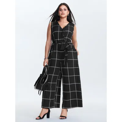 Bloomchic Women's Plus Size Check Pattern Waist-tie Jumpsuit Black Office 22-24/3x