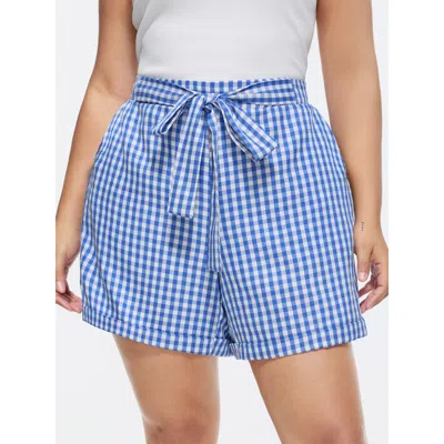 Bloomchic Women's Plus Size Check Print Bow-tie Waist Shorts Skyblue Casual Straight Fit Lace-up Shorts 12/l In Blue
