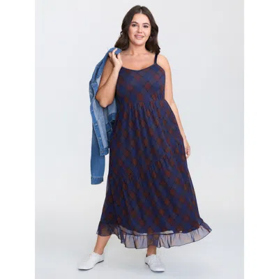 Bloomchic Women's Plus Size Check Print Cinched Flared A-line Midi Dress Multicolor Plaid Maxi Casual Ruffles 