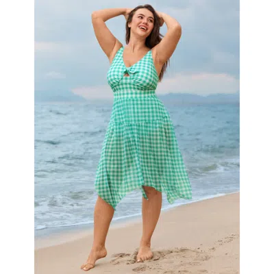 Bloomchic Women's Plus Size Check Print Cut-out One-piece Swimsuit Mint Plaid Cut-out Adjustable Straps 10/m In Green