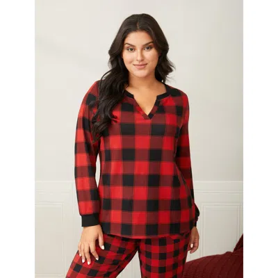 Bloomchic Women's Plus Size Check Print Notched Collar Neckline Pajama Top Brightred Extra Long Sleeve 10/m