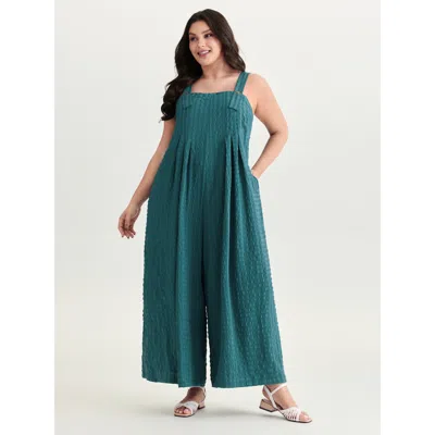 Bloomchic Women's Plus Size Check Print Pleated Adjustable Overall Jumpsuit Aegean Casual 10/m In Blue