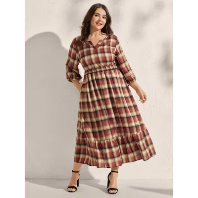 Bloomchic Women's Plus Size Check Print Shirred Waist Tiered Maxi Dress Scarlet Plaid Maxi Elegant Gathered 12 In Red