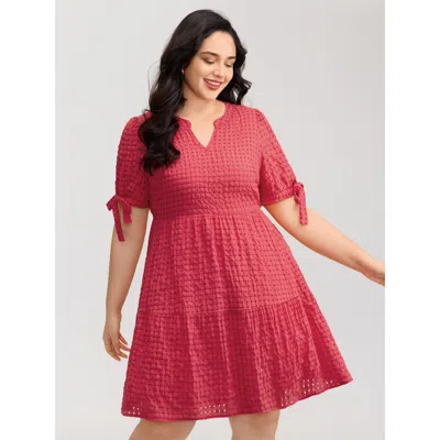 Bloomchic Women's Plus Size Check Textured Knot Sleeve Knee-length Dress Brightred Plaid Knee Elegant Tie Knot
