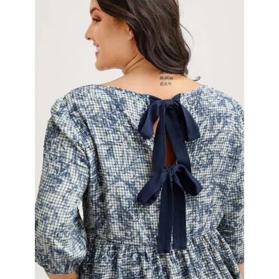 Bloomchic Women's Plus Size Check Toile De Jouy Shirred Pattern Blouse Darkblue Floral Casual 3/4 Sleeve 12/l In Blue