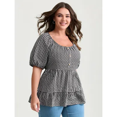 Bloomchic Women's Plus Size Checked Print Button Detail Fit And Flare Blouse Black Plaid Casual Half Sleeve 12