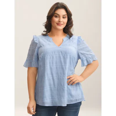 Bloomchic Women's Plus Size Checked Texture Jacquard Notched Collar Blouse Lightblue Non Elegant Short Sleeve  In Blue