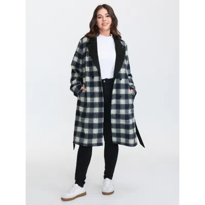 Bloomchic Women's Plus Size Checkered Belted Color Contrast Coat Black Colorblock A-line 12/l