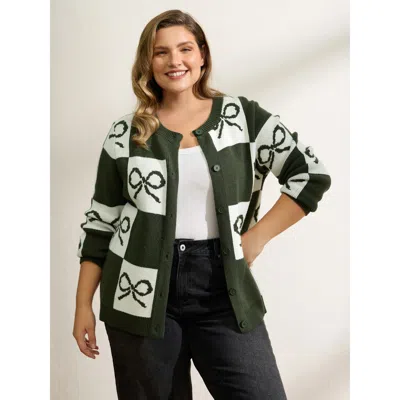Bloomchic Women's Plus Size Checkered Bowknot Contrast Knit Cardigan Armygreen Long Sleeve 18-20/2x