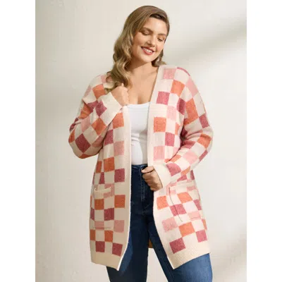 Bloomchic Women's Plus Size Checkered Color Contrast Open-front Cardigan Rouge Long Sleeve 10/m In Red