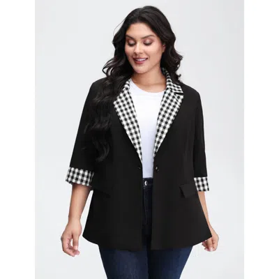 Bloomchic Women's Plus Size Checkered Contrast Button Blazer Black Colorblock Sleeve 3/4 Sleeve 10/m
