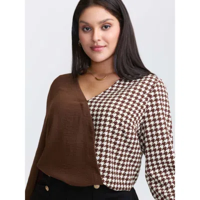 Bloomchic Women's Plus Size Checkered Contrast Button V-neck Blouse Browncoffeecolor Plaid Office Long Sleeve 