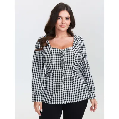 Bloomchic Women's Plus Size Checkered Crossover Tie Square Neck Blouse Black Plaid Elegant Extra Long Sleeve 1