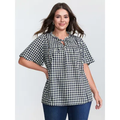 Bloomchic Women's Plus Size Checkered Drawstring Neckline Blouse Indigo Plaid Casual Short Sleeve Knotted Neck In Purple