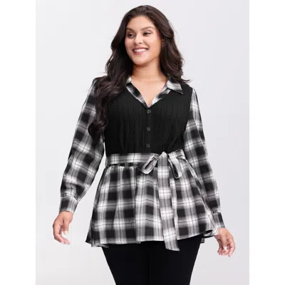 Bloomchic Women's Plus Size Checkered Faux-layered Button Detail Blouse Black Plaid Casual Long Sleeve 10/m
