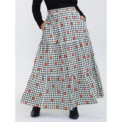 Bloomchic Women's Plus Size Checkered Fruity Print Tiered Maxi Skirt Black Non A-line Casual 12/l