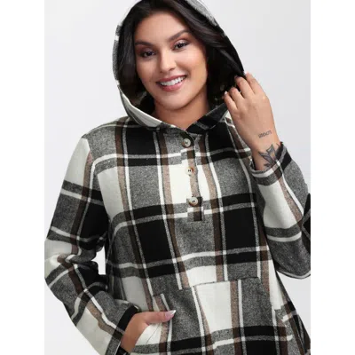 Bloomchic Women's Plus Size Checkered Half-open Placket Pockets Hoodie Black Not Graphics Casual Hooded Neck 1
