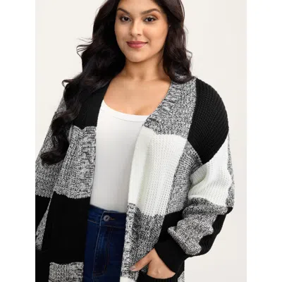 Bloomchic Women's Plus Size Checkered Heather Textured Open-front Cardigan Black Long Sleeve V-neck 10/m