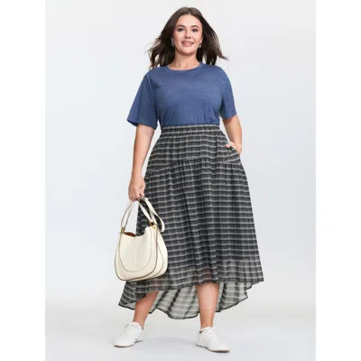 Bloomchic Women's Plus Size Checkered High-low Hem Maxi Skirt Black Gathered Flared Casual 22-24/3x