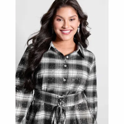 Bloomchic Women's Plus Size Checkered Hot Stamped Waist-tie Blouse Black Plaid Party Extra Long Sleeve 10/m