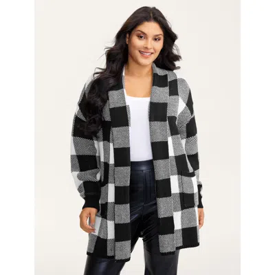 Bloomchic Women's Plus Size Checkered Jacquard Folded Collar Knit Cardigan Black Long Sleeve 10/m