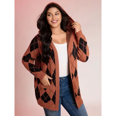 Bloomchic Women's Plus Size Checkered Jacquard Hooded Pockets Knit Cardigan Orangered Long Sleeve 12/l